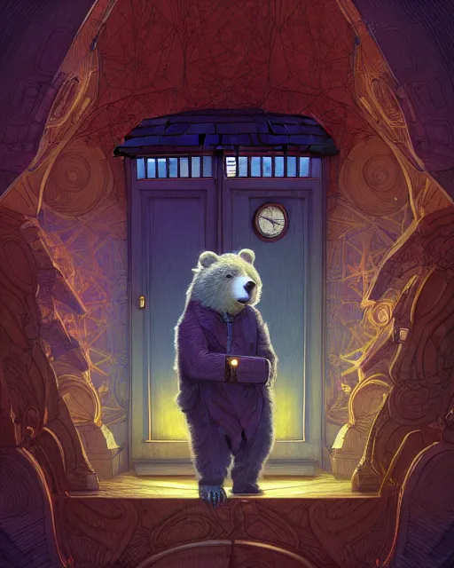 Image similar to anthropomorphic art of a detective bear inside tardis, victorian inspired clothing by artgerm, victo ngai, ryohei hase, artstation. fractal papersand books. highly detailed digital painting, smooth, global illumination, fantasy art by greg rutkowsky, karl spitzweg