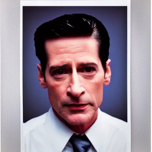 Image similar to agent dale cooper from twin peaks by terry richardson, polaroid photo, white background, direct flash, 4 k,