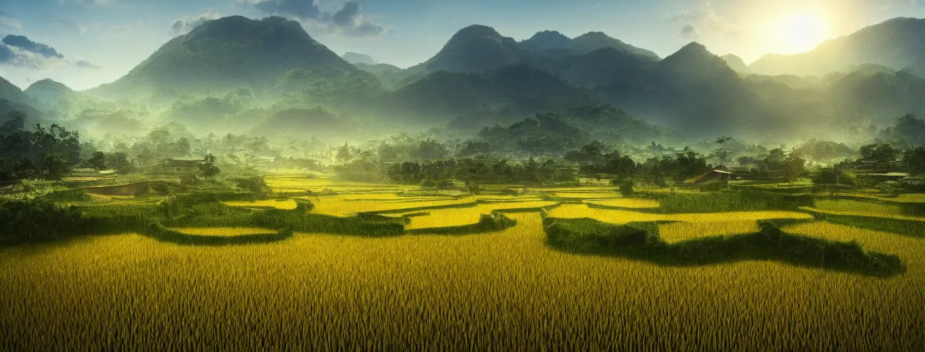 Image similar to Photo of paddy field of Baling with several village and rolling mountain at the background, wide angle, volumetric light, hyperdetailed, light water, artstation, cgsociety, 8k