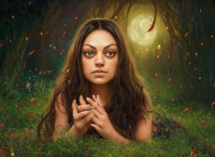 Image similar to Mila Kunis staring into the camera singing a lullaby, fireflies, full moon, Lilia Alvarado, Sophie Anderson, Mark Arian, Bob Byerley, Charlie Bowater, Mark Brooks, Steve Henderson, Justin Gerard, Arthur Hughes, Edward Robert Hughes, Mark Keathley, Victor Nizovtsev, Carlos Shwabe, Ross Tran, WLOP