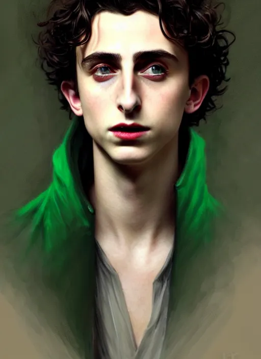 Image similar to portrait of timothee chalamet as a vampire lord, greek, emerald, intricate, headshot, highly detailed, digital painting, artstation, concept art, sharp focus, cinematic lighting, illustration, art by artgerm and greg rutkowski, alphonse mucha, cgsociety