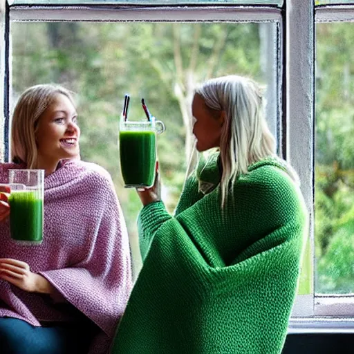 Image similar to knitted blankets women drinking green juice in front of window with a courtyard in the background