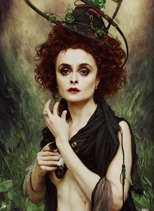 Prompt: portrait Helena Bonham Carter as a poison witch, full length shot, shining, 8k highly detailed, sharp focus, illustration, art by artgerm, mucha, bouguereau