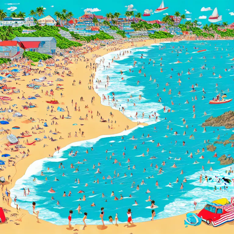 Image similar to high detailed full page spread from the where's waldo at a densely populated beach, high angle medium wide, waldo in the top right of frame, high detail illustration, coherent