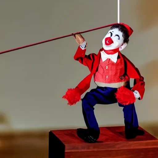 Image similar to puppet show of a string marionette of a president with clown makeup in a podium