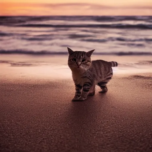 Prompt: cat in the beach lonley, night, cloudy