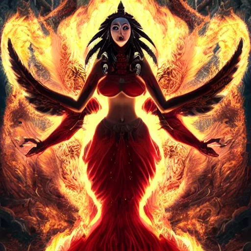 Prompt: stunning female demons surrounded in fire, korean, buddhist, Naraka otherworldly rising from the fire, crystal amber eyes , wings, very detailed face, smile, monster teeth covered in red, dark and mysterious, full body, rococo, cinematic, epic ,4K very detailed, full body, Sun God, death God, hell -H 1200 -W 800 -n 6 !dream A dog riding a horse riding a mammooth flying over a rainbow colored beer vulcano ultrarrealistic 4k