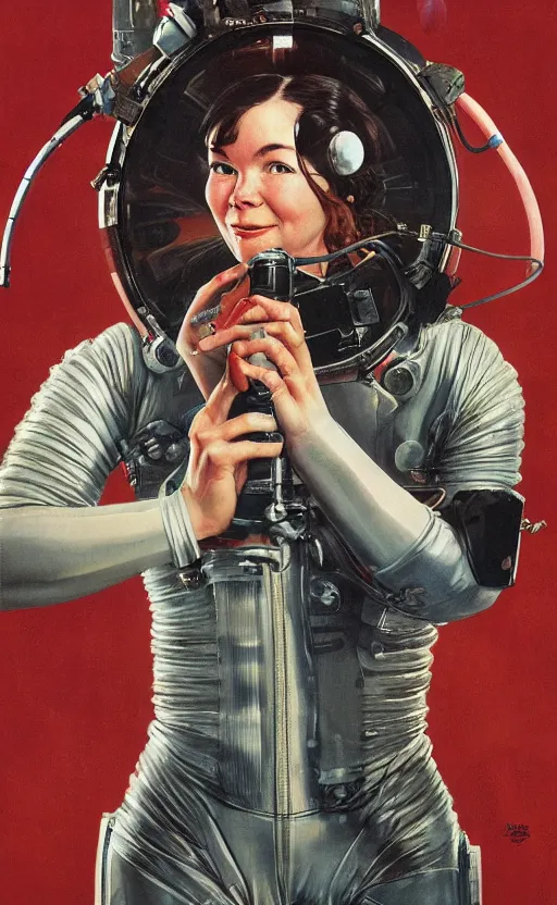 Image similar to head and shoulders portait of bjork holding a retro ray gun and wearing an unpleasant leather spacesuit on Mars by norman rockwell and darek zabrocki