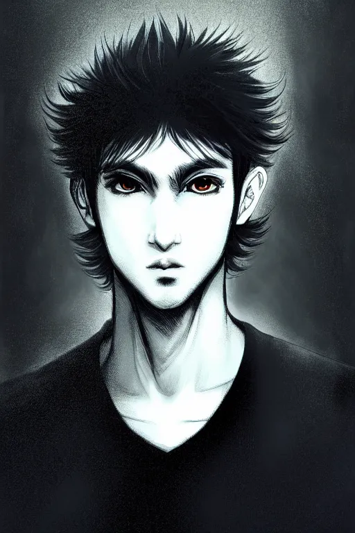 Image similar to beautiful medium shot manga portrait of a young arabic man inspired by ayami kojima with short hair dressed with a white t - shirt, white background white bank studio light, art by yoshitaka amano and shingo tamagawa, sharp focus, high quality, 8 k