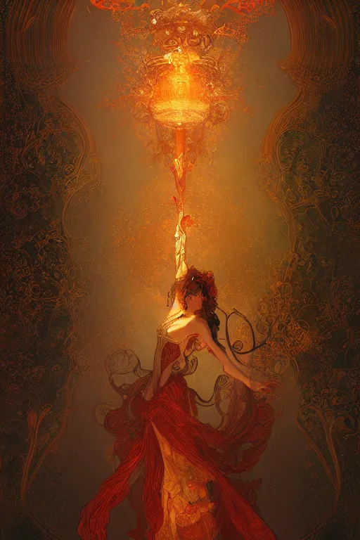 Image similar to tarot card artstation, portrait of a ghostly love dancer, sunrise, baroque ornament and rococo ornament, ancient chinese ornate, hyperdetailed, beautiful lighting, craig mullins, mucha, klimt, yoshitaka amano, red and gold and orange color palette