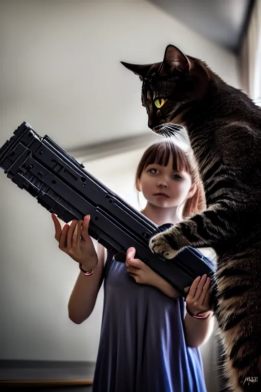 Image similar to photo of the girl, her cat and her railgun, symmetrical, cinematic, real dlsr photography, sharp focus, 4 k, ultra hd, sense of awe, military journal cover