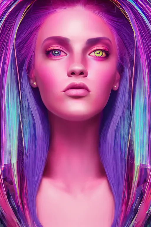 Image similar to a award winning half body portrait of a beautiful woman with stunning eyes in a croptop and cargo pants with ombre purple pink teal hairstyle by thomas danthony, surrounded by whirling illuminated lines, outrun, vaporware, shaded flat illustration, digital art, trending on artstation, highly detailed, fine detail, intricate