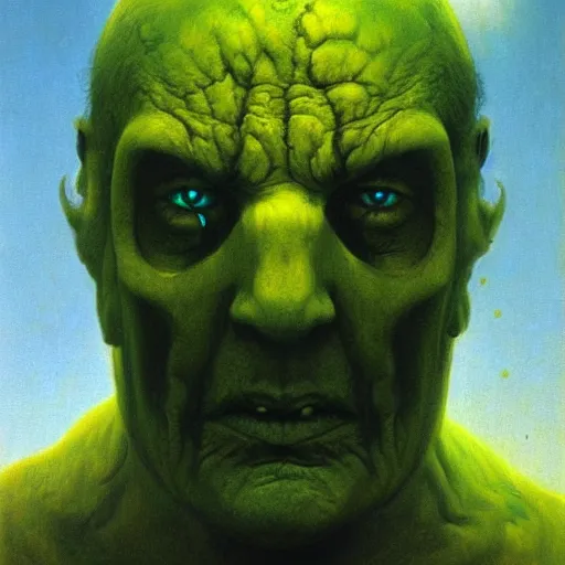 Image similar to Portrait of Angry man with Holes in his face, dark fantasy, yellow and green, artstation, painted by Zdzisław Beksiński and Wayne Barlowe