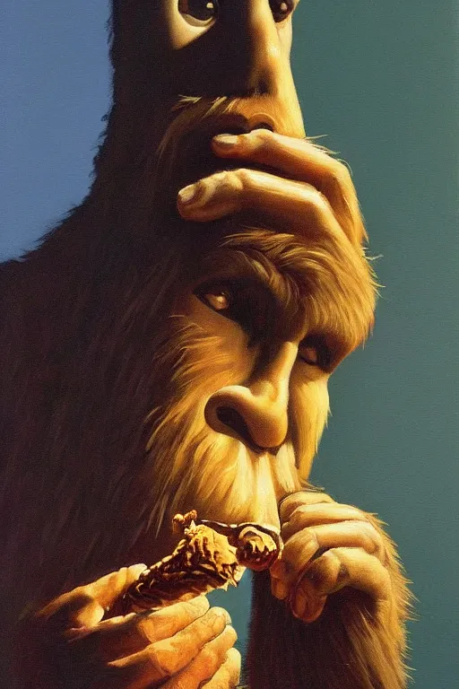 Image similar to bigfoot eating an ice cream cone, masterpiece, dramatic light and shadow, saturated colors, ciaroscuro. painted by norman rockwell