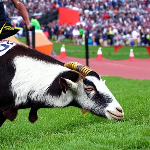 Prompt: finally the goat finishes the race