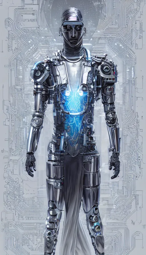 Prompt: full body head to toe portrait of a cyberpunk sci-fi cyborg netrunner bionic man, third person, D&D, sci-fi fantasy, matrix , intricate, white with shiny silver and chartruse fringe highlights, highly detailed, art by Range Murata, highly detailed, 3d, octane render, bright colors, digital painting, trending on artstation, sharp focus, illustration style of Stanley Artgerm, dramatic background