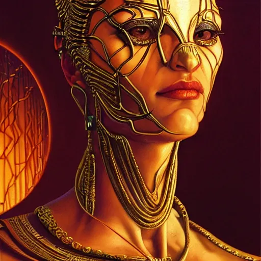 Prompt: baroque neoclassicist close - up renaissance portrait of a primitive art deco android priestess, glowing eyes. reflective detailed textures, highly detailed fantasy science fiction painting by moebius, norman rockwell and saturno butto and syd mead and jean delville. elaborate geometric ornament, rich colors. artstation