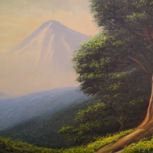 Prompt: A huge mountain with a giant tree on the top, view from far away, oil painting,