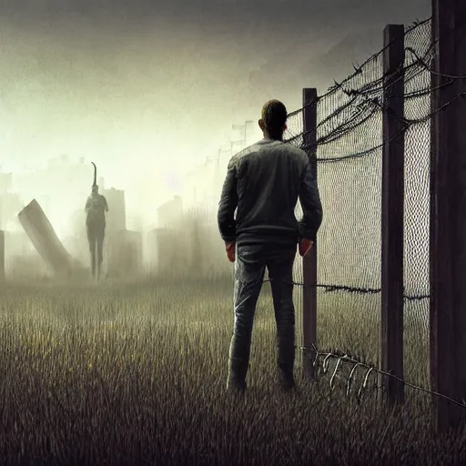 Image similar to a dystopian matte painting of a scared man standing in front of a fence with barbed wire, by jeffrey smith, tim biskup, behance contest winner, wallpaper, digital illustration