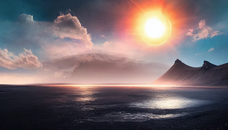 Image similar to solar eclipse in iceland, black sand, colorful clouds, blue sky, water reflection, jessica rossier, art station