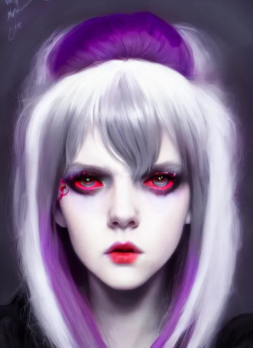 Image similar to portrait of white teenage girl, normal face, white bangs, mall goth, cyberlox, black and white hair, bangs, fluffy bangs, red contact lenses, purple lipstick, intricate, elegant, highly detailed, digital painting, artstation, concept art, sharp focus, smooth, illustration, art by wlop, mars ravelo and greg rutkowski