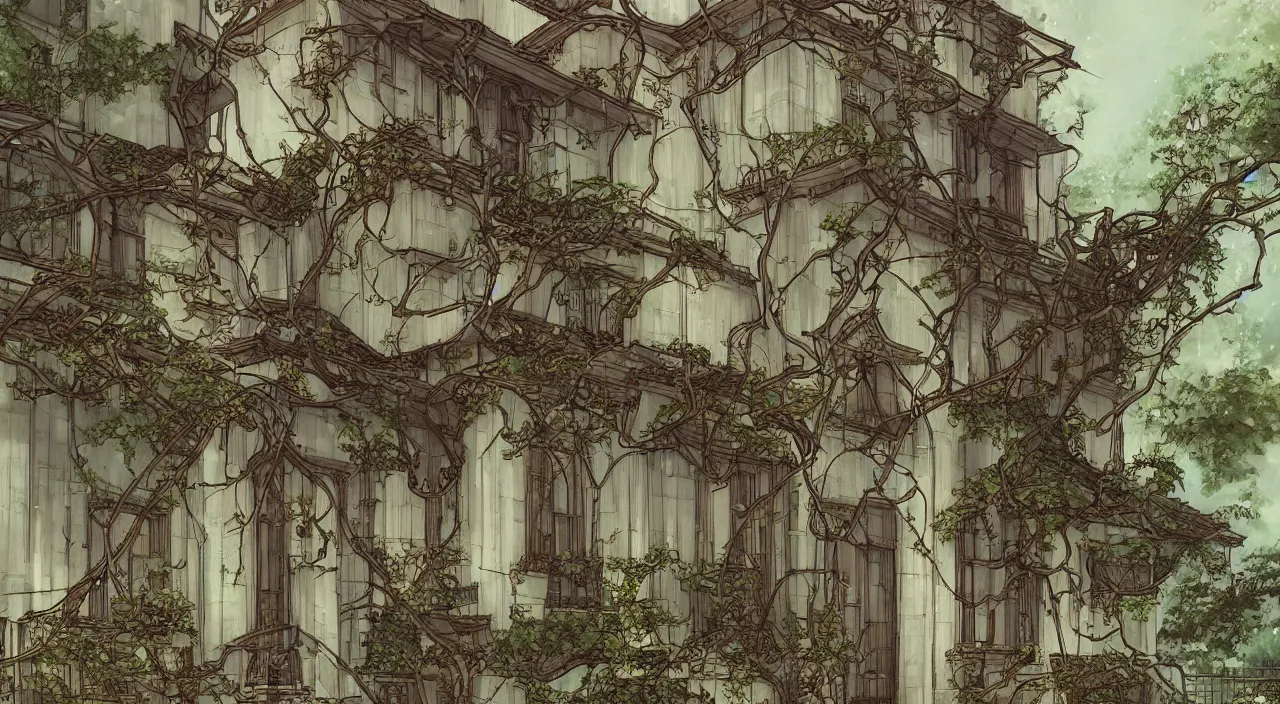 Image similar to house, by akihiko yoshida, ivy, stylized, artstation, atmosphere, by makoto shinkai, hanging vines, photorealistic, baroque, art nouveau, pixiv