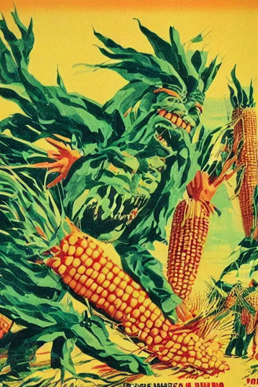 Image similar to a 1960s soviet propaganda poster about the dangers of giant rampaging corn monsters