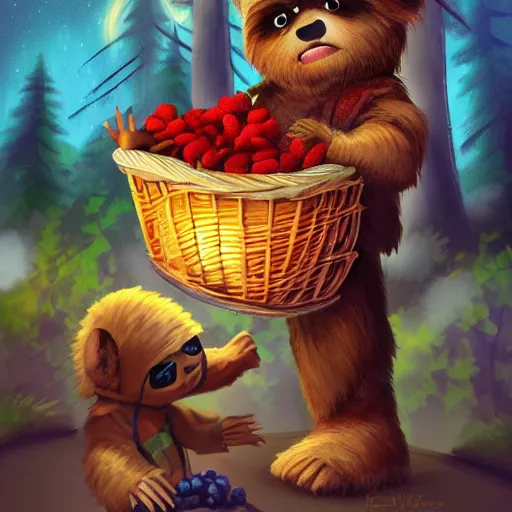Prompt: adventurous ewok shopping in the forest market at night with a basket that contains acorns, berries, and leaves, artstation, colorful
