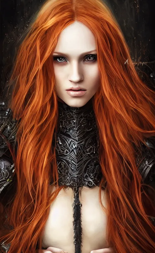 Prompt: a beautiful woman black knight, 8 k, sensual, hyperrealistic, hyperdetailed, beautiful face symmetrical, long ginger hair windy, dark fantasy, fantasy portrait by laura sava