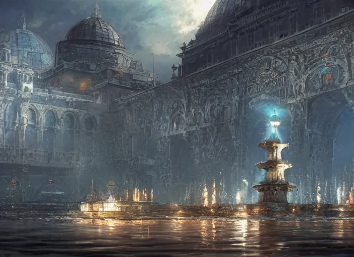 Prompt: A beautiful city under the ocean made of black steel and glass domes, anime, rapture, fountain, statue, under water, godrays, a fantasy digital painting by Greg Rutkowski and James Gurney, trending on Artstation, highly detailed