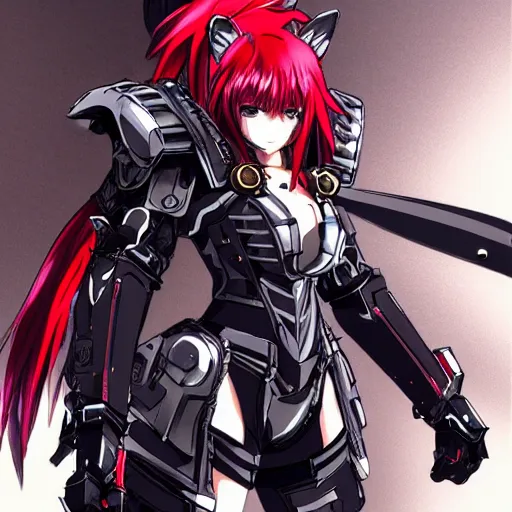 Image similar to An anime female with crimson hair, cat ears and tail, wearing an armor, drawn by Yoji Shinkawa highly detailed, trending on art station, sci-fi themed, dynamic posing