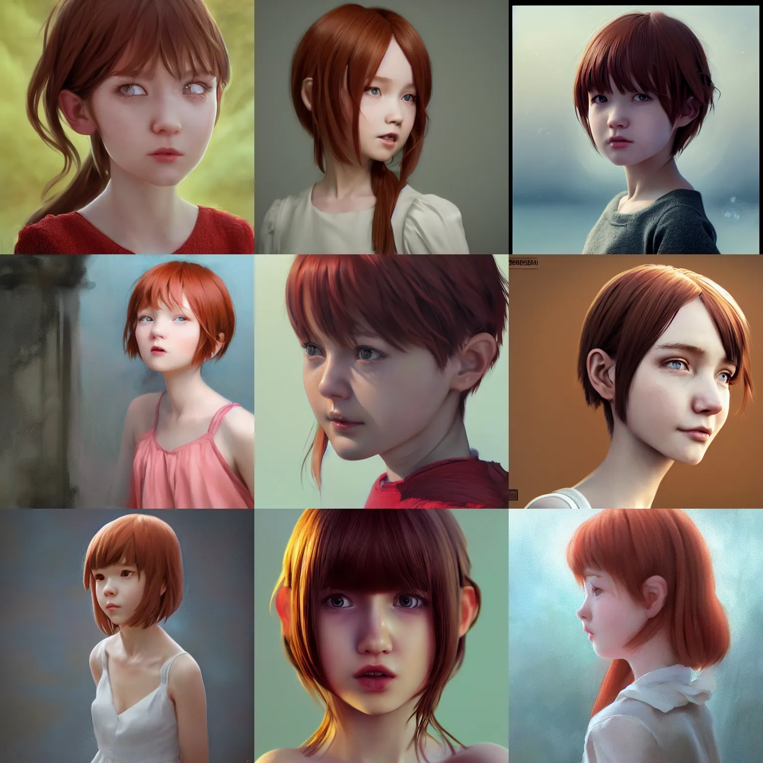 Prompt: realistic style at CGSociety by WLOP,ilya kuvshinov,krenz cushart,Greg Rutkowski,trending on artstation.Zbrush sculpt colored,Octane render in Maya,Houdini VFX.Realistic close-up face,cute young redhead girl,expressing joy,wearing dress,silky hair, deep eyes.Oil painting.Cinematic dramatic atmosphere,sharp focus,soft volumetric studio lighting.