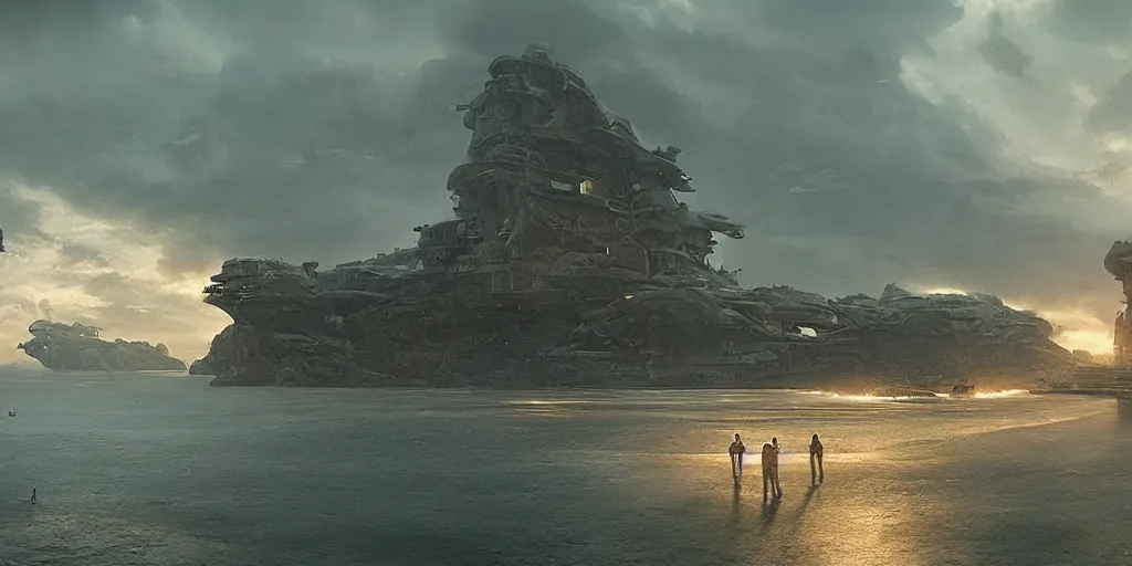 Prompt: screenshot from a movie, epic matte painting of a science fiction outpost on an island, cinematic cinematography masterpiece, greg rutkowski, and ivan aivazovski, roger deakins