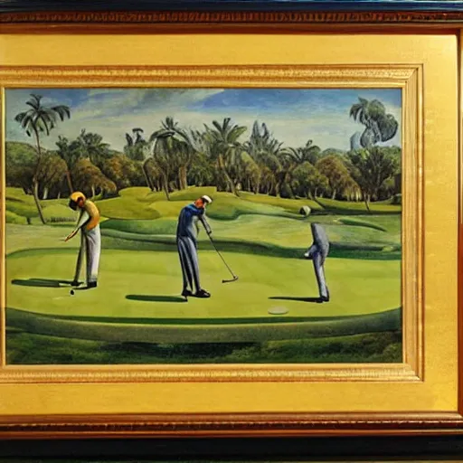 Image similar to Three golfers on a beautiful golf course, by Diego Rivera