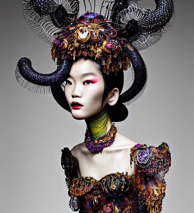 Image similar to photography american portrait of stunning model ming xi. great hair style,, half in shadow, natural pose, natural lighing, rim lighting, wearing an ornate stunning sophistical fluid dress and hat iris van herpen, colorfull newbaroque extreme makeup by benjamin puckey, highly detailed, skin grain detail, photography by paolo roversi