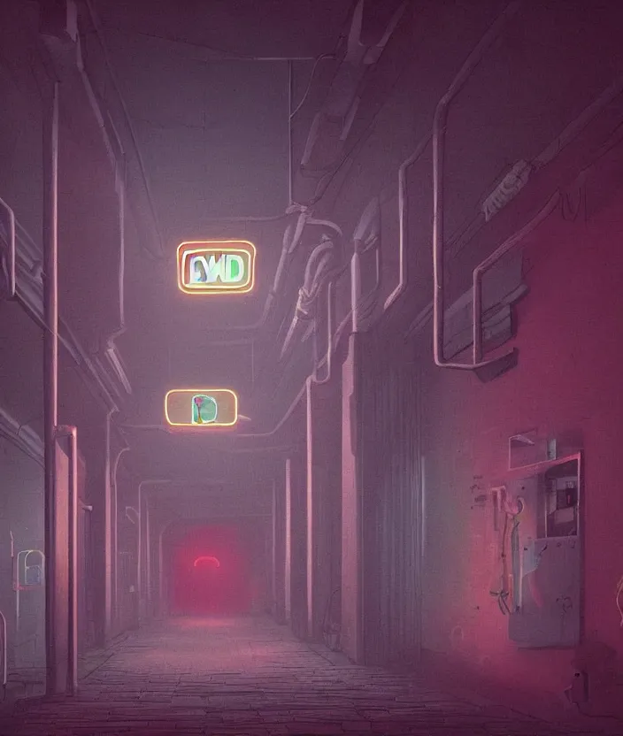 Image similar to a dark hallway, at the end there is a mysterious illuminated door with a neonsign in the style of simon stalenhag