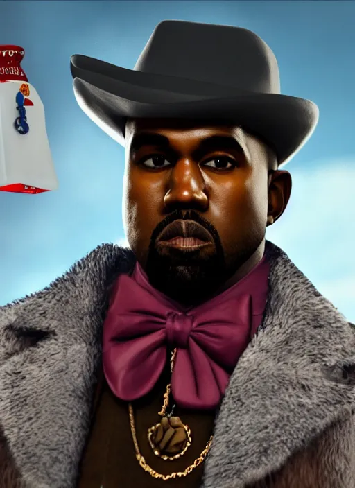 Prompt: portrait kanye west as willy wonka in red dead redemption 2, splash art, movie still, cinematic lighting, ray tracing, octane render, long lens, shallow depth of field, bokeh, anamorphic lens flare, 8 k, hyper detailed, 3 5 mm film grain