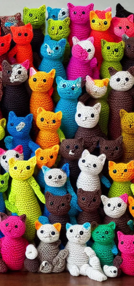 Prompt: multicolored crocheted cats, 2 0 3 0 s catalogue photo,