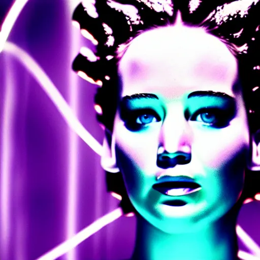 Image similar to jennifer lawrence as the bride of frankenstein, macro photography, glowing retinas, vaporwave