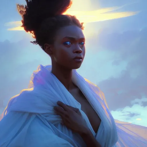 Image similar to a Photorealistic dramatic hyperrealistic bright blue eyes, African American elegant girl, black hair, white veil,by WLOP,Artgerm,Greg Rutkowski,Alphonse Mucha, Dang My Linh, Beautiful dynamic dramatic bright sunset lighting,shadows,cinematic atmosphere,Artstation,concept design art,Octane render,8k