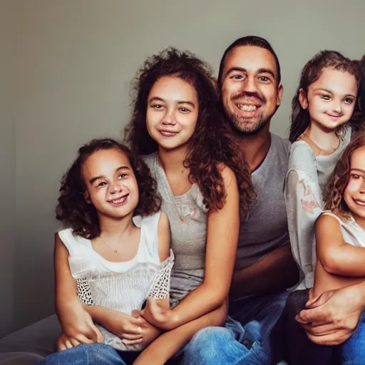 Prompt: photo of a father and his five daughters, very detailed faces, beautiful faces, high quality photograph, instagram