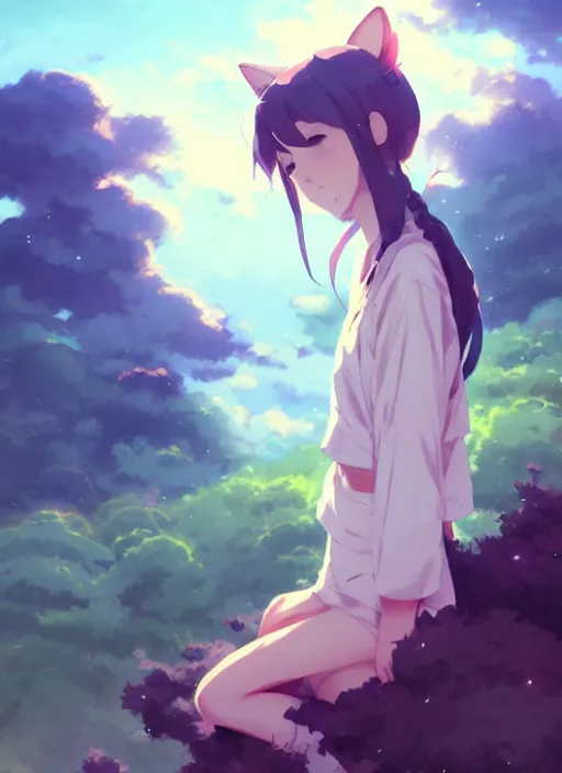 Image similar to portrait of cute catgirl, cloudy sky background lush landscape illustration concept art anime key visual trending pixiv fanbox by wlop and greg rutkowski and makoto shinkai and studio ghibli