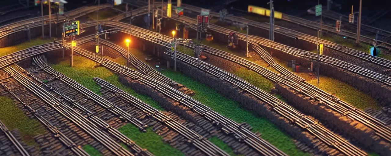 Prompt: mega detailed miniature voxel diorama of huge railway junction by night, futuristic architecture, tilt shift, volumetric lighting, several trains on rails, near future 2 0 3 0