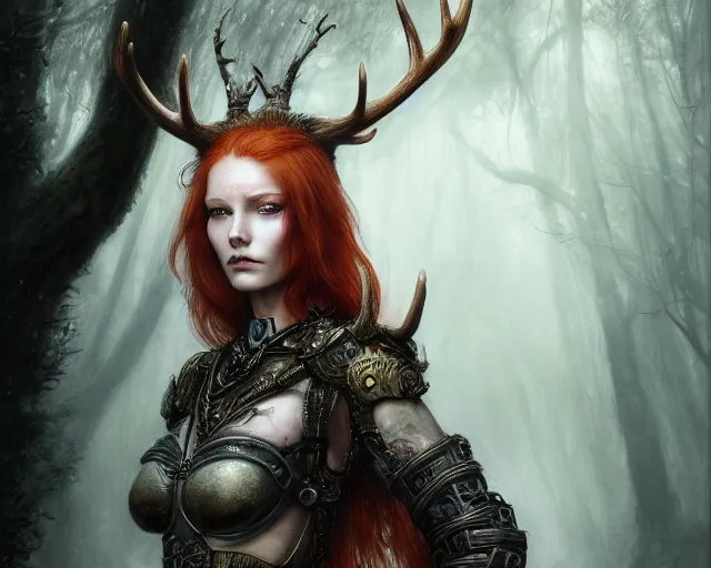 Prompt: 5 5 mm portrait photo of an armored gorgeous anesthetic redhead woman warrior with a face tattoo and antlers growing from her head and cat on her shoulder, in a magical forest in the style of luis royo. art by greg rutkowski. highly detailed 8 k. intricate. lifelike. soft light. nikon d 8 5 0.