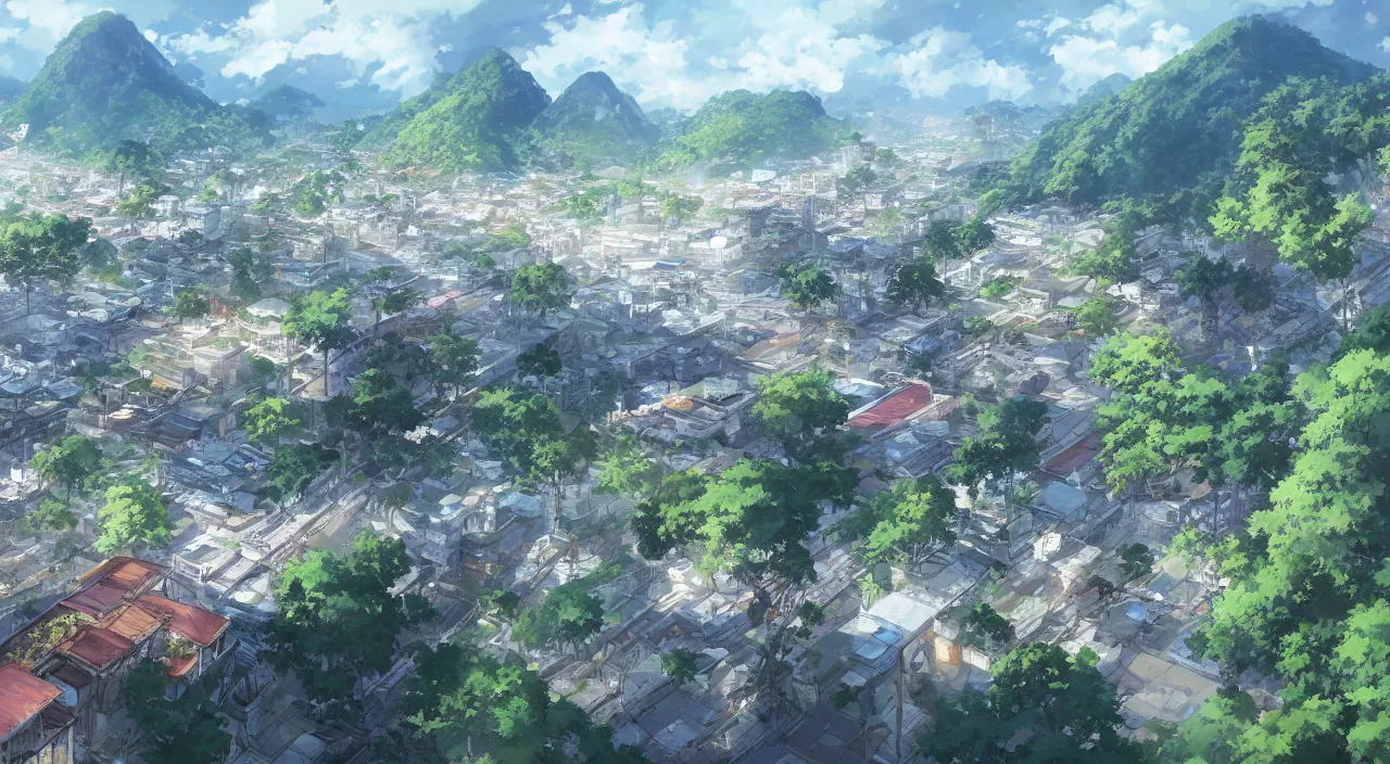 Prompt: The City Surrounded by Limestone Hills, Ipoh, Anime scenery concept art by Makoto Shinkai