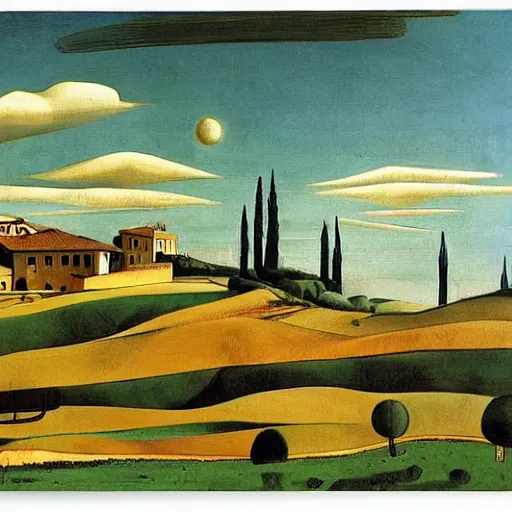 Image similar to solarpunk dreaming a toscana landscape with modern houses, painted by Giorgio de Chirico, highly detailed