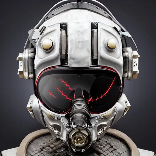 Image similar to cyberpunk mechanical helmet with side intircate hoses looking straight by Vitaly Bulgarov, front view