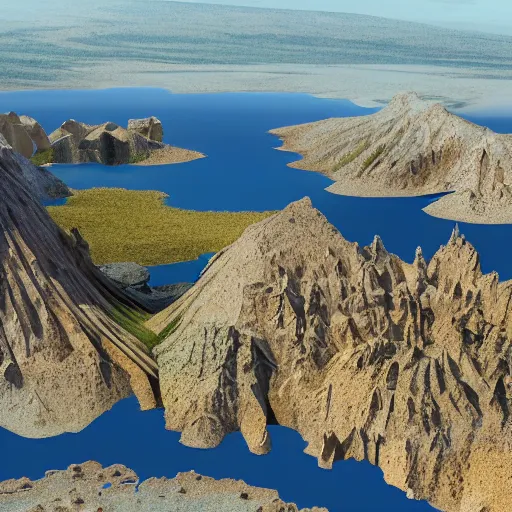 Prompt: a highly detailed landscape painting of large island in the center of a meteor crater lake with a futuristic fantasy city with a river running through it, aerial photography, ultrawide lens, art by john collier and jeon seong and albert bierstadt, volumetric lighting, octane render, 4 k resolution, trending on artstation, masterpiece