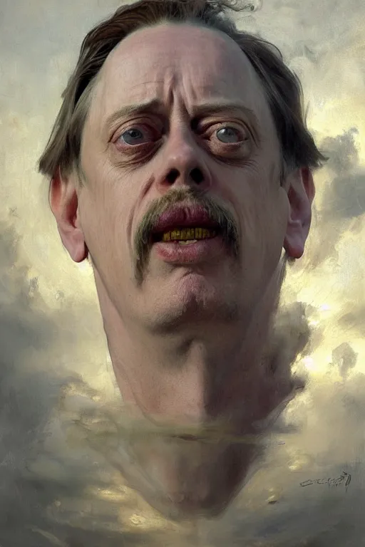 Image similar to beautiful oil painting portrait of ancient roman god emperor steve buscemi floating in the air wearing the civic crown levitating and ascending in a religious pose, ascension, art by anders zorn, wonderful masterpiece by greg rutkowski, expressive brush strokes, beautiful cinematic light, american romanticism by greg manchess, jessica rossier