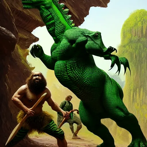 Prompt: A green scaly dinosaur! fighting with several realistic detailed cavemen with proportioned bodies, the cavemen are armed with spears, the caveman are in a fighting stance, the cavemen are wearing animal furs, coarse canvas, visible brushstrokes, intricate, extremely detailed painting by Greg Rutkowski